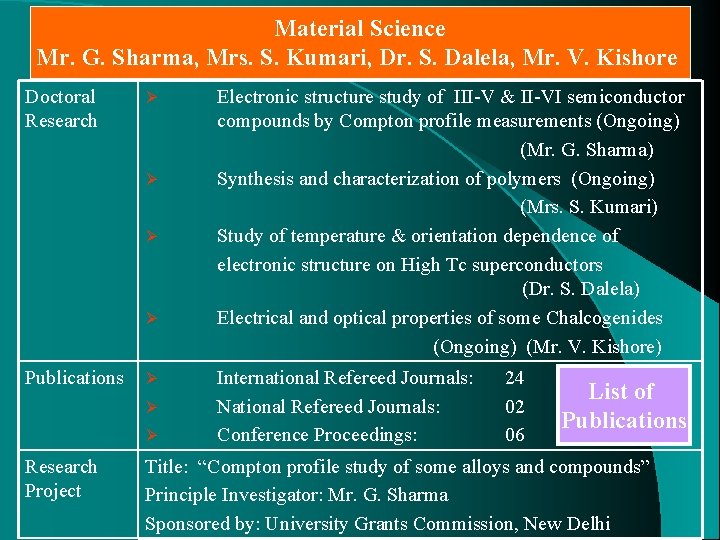 Material Science Mr. G. Sharma, Mrs. S. Kumari, Dr. S. Dalela, Mr. V. Kishore
