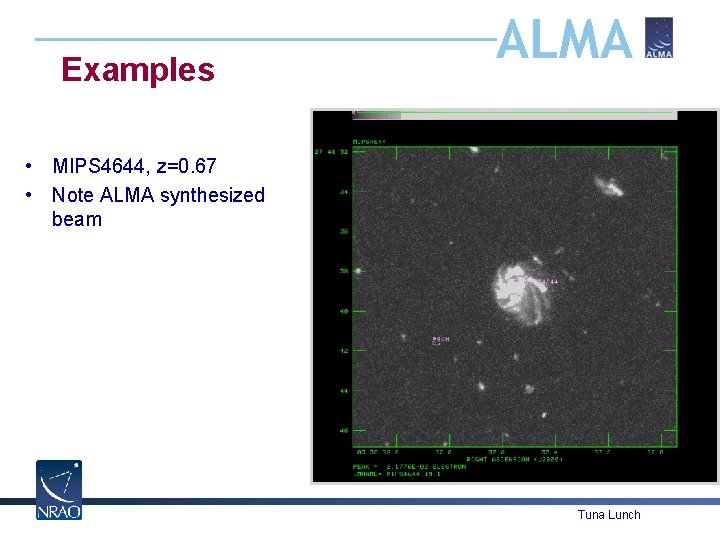 Examples ALMA • MIPS 4644, z=0. 67 • Note ALMA synthesized beam Tuna Lunch