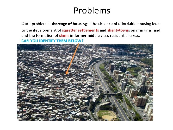 Problems One problem is shortage of housing-– the absence of affordable housing leads to