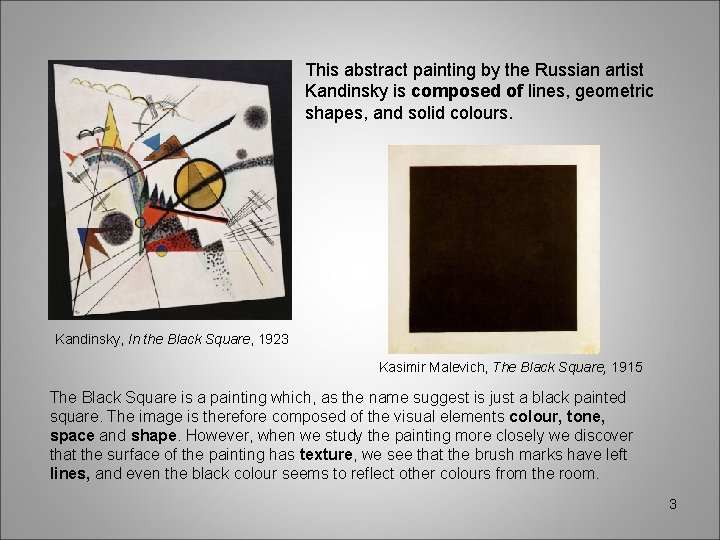 This abstract painting by the Russian artist Kandinsky is composed of lines, geometric shapes,