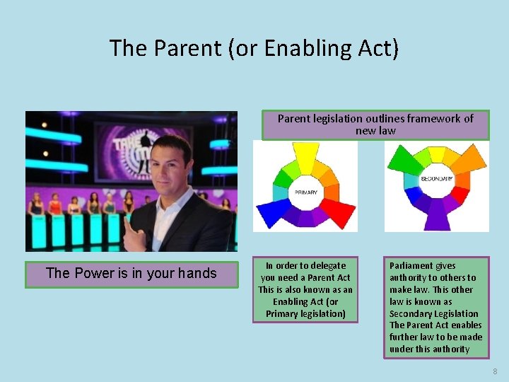 The Parent (or Enabling Act) Parent legislation outlines framework of new law The Power