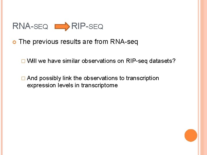RNA-SEQ RIP-SEQ The previous results are from RNA-seq � Will � And we have