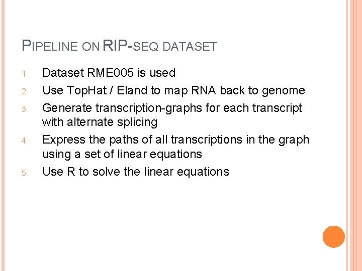 PIPELINE ON RIP-SEQ DATASET 1. 2. 3. 4. 5. Dataset RME 005 is used