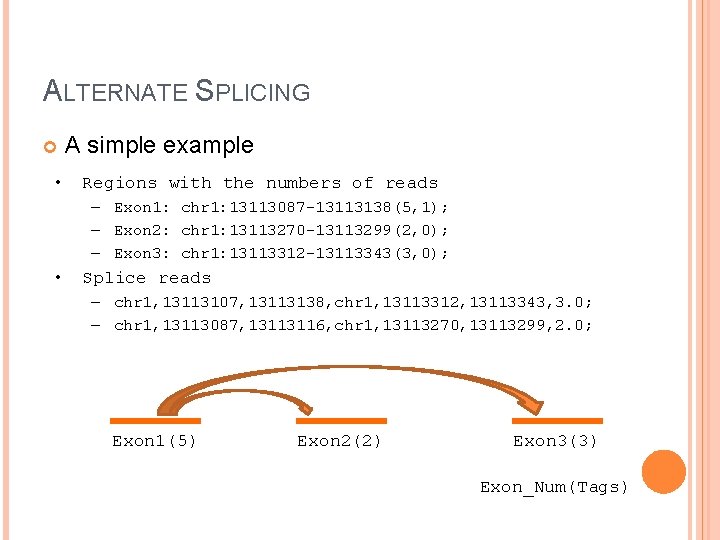 ALTERNATE SPLICING • A simple example Regions with the numbers of reads – Exon