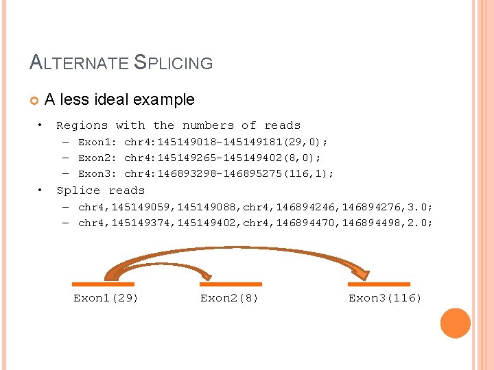 ALTERNATE SPLICING • A less ideal example Regions with the numbers of reads –