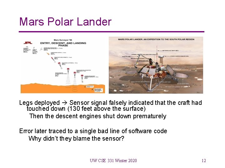 Mars Polar Lander Legs deployed Sensor signal falsely indicated that the craft had touched