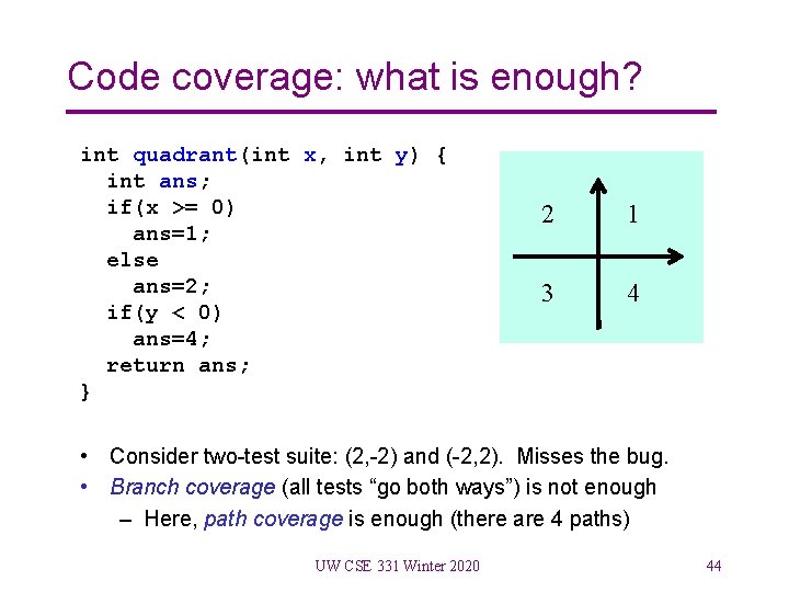 Code coverage: what is enough? int quadrant(int x, int y) { int ans; if(x