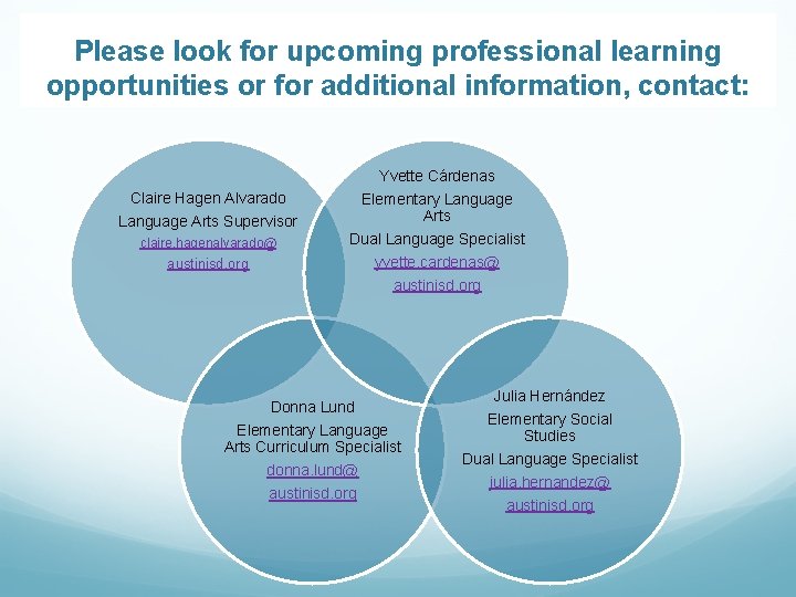 Please look for upcoming professional learning opportunities or for additional information, contact: Yvette Cárdenas