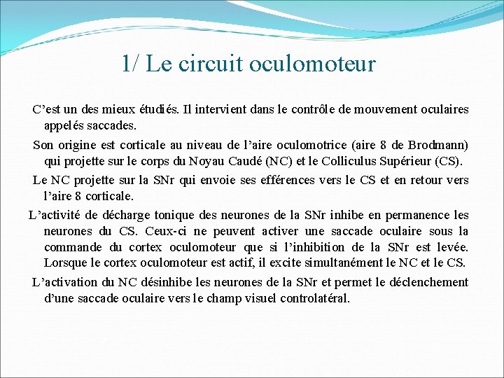 1/ Le circuit oculomoteur C’est un des mieux étudiés. Il intervient dans le contrôle