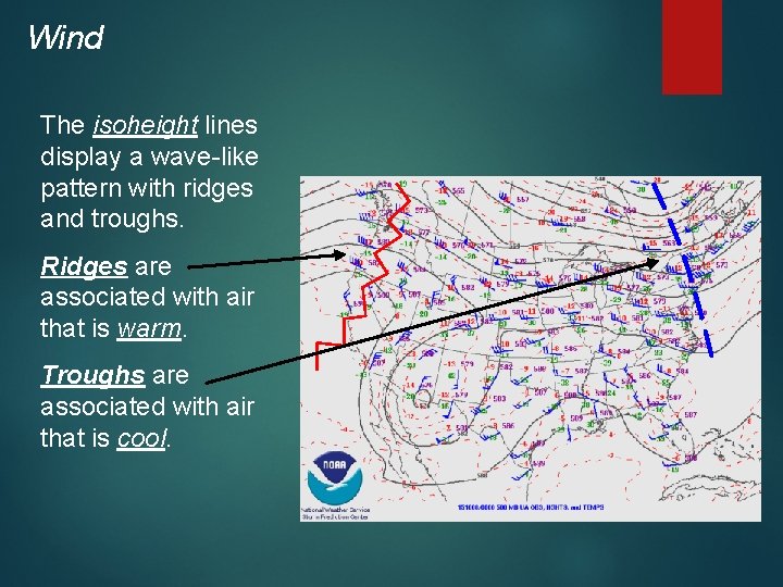 Wind The isoheight lines display a wave-like pattern with ridges and troughs. Ridges are