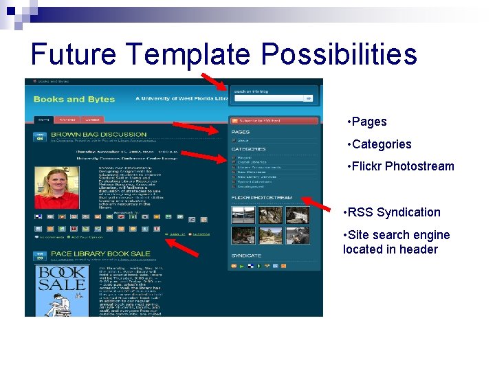 Future Template Possibilities • Pages • Categories • Flickr Photostream • RSS Syndication •