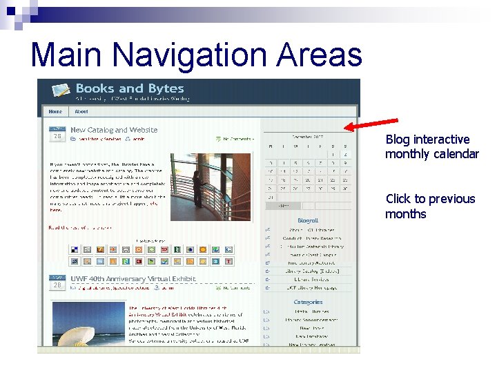 Main Navigation Areas Blog interactive monthly calendar Click to previous months 