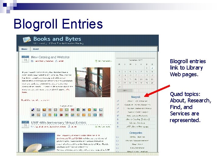 Blogroll Entries Blogroll entries link to Library Web pages. Quad topics: About, Research, Find,