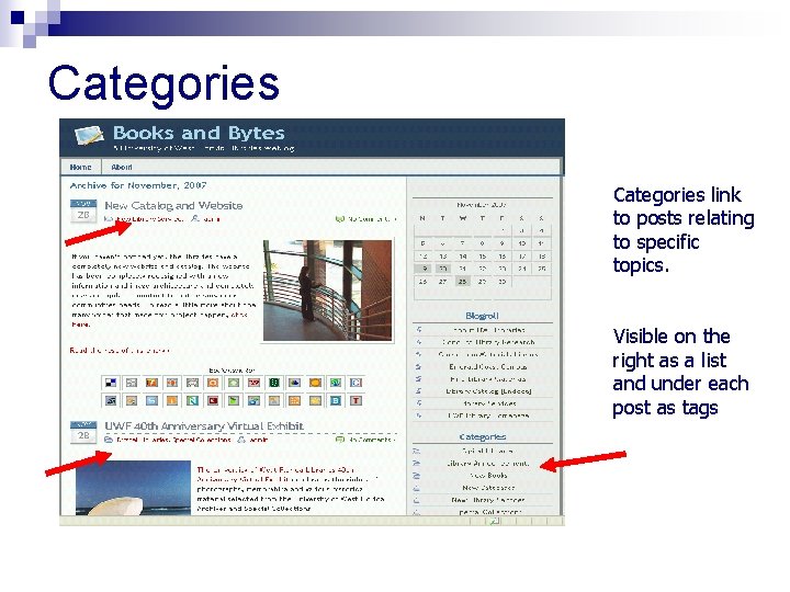 Categories link to posts relating to specific topics. Visible on the right as a
