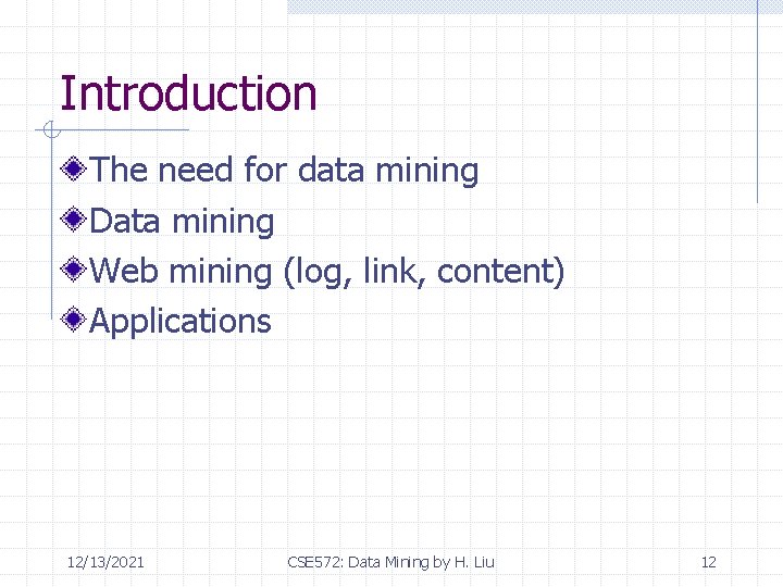 Introduction The need for data mining Data mining Web mining (log, link, content) Applications