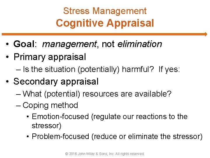 Stress Management Cognitive Appraisal • Goal: management, not elimination • Primary appraisal – Is