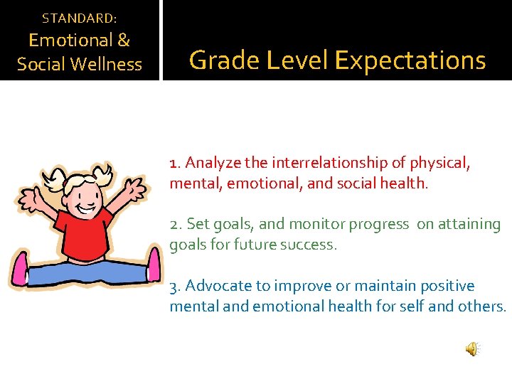 STANDARD: Emotional & Social Wellness Grade Level Expectations 1. Analyze the interrelationship of physical,