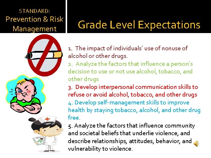 STANDARD: Prevention & Risk Management Grade Level Expectations 1. The impact of individuals’ use