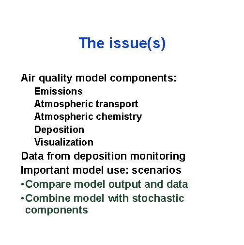 The issue(s) Air quality model components: Emissions Atmospheric transport Atmospheric chemistry Deposition Visualization Data