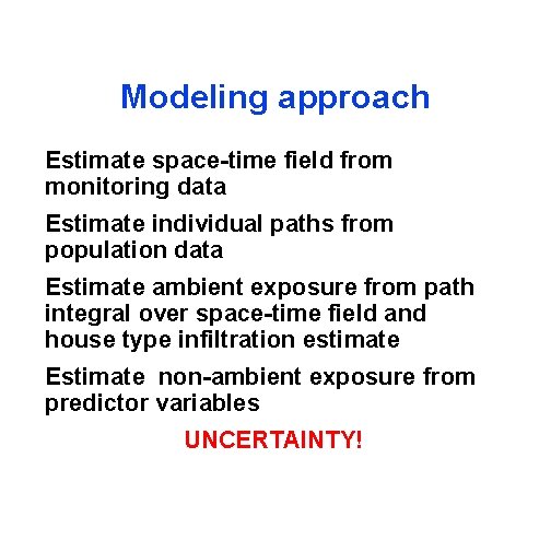 Modeling approach Estimate space-time field from monitoring data Estimate individual paths from population data