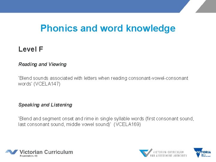 Phonics and word knowledge Level F Reading and Viewing ‘Blend sounds associated with letters