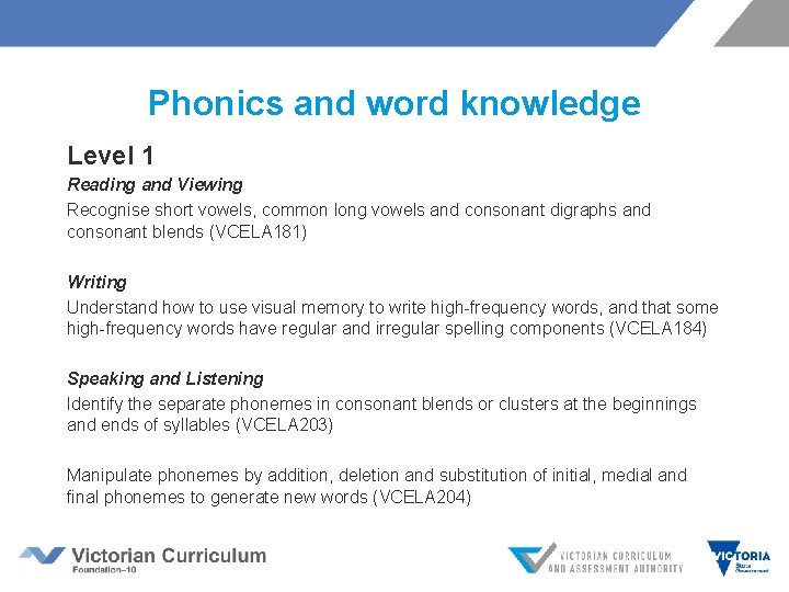 Phonics and word knowledge Level 1 Reading and Viewing Recognise short vowels, common long
