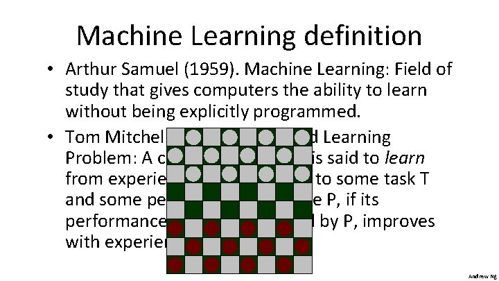 Machine Learning definition • Arthur Samuel (1959). Machine Learning: Field of study that gives Machine Learning definition • Arthur Samuel (1959). Machine Learning: Field of study that gives