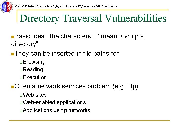 Master di I° livello in Sistemi e Tecnologie per la sicurezza dell'Informazione e della