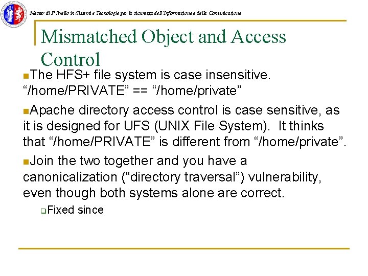 Master di I° livello in Sistemi e Tecnologie per la sicurezza dell'Informazione e della