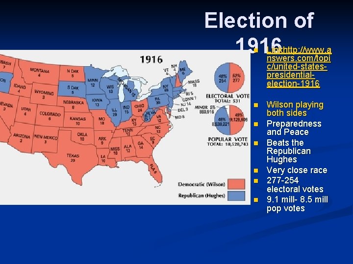Election of Linkhttp: //www. a 1916 nswers. com/topi n c/united-statespresidentialelection-1916 n n n Wilson