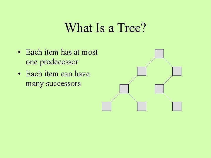 What Is a Tree? • Each item has at most one predecessor • Each