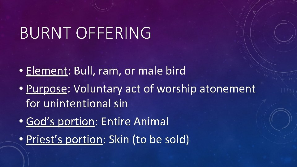 BURNT OFFERING • Element: Bull, ram, or male bird • Purpose: Voluntary act of