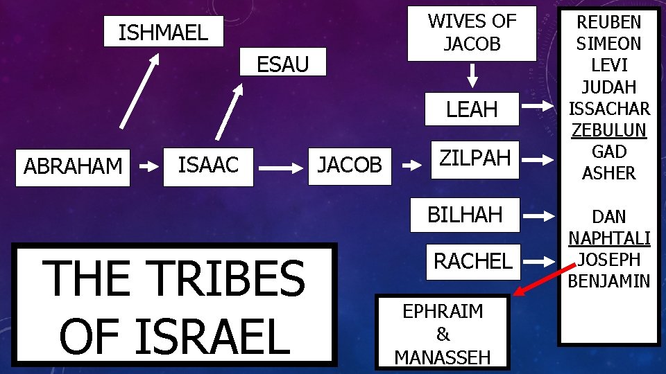 WIVES OF JACOB ISHMAEL ESAU LEAH ABRAHAM ISAAC JACOB ZILPAH BILHAH THE TRIBES OF