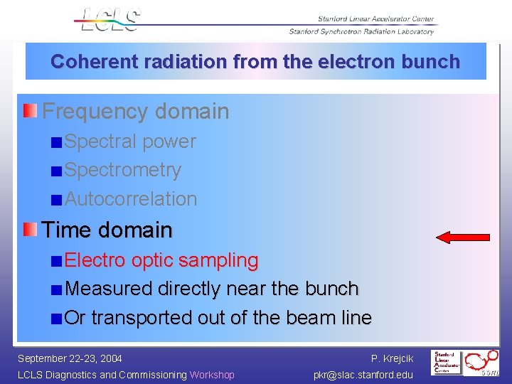 Coherent radiation from the electron bunch Frequency domain Spectral power Spectrometry Autocorrelation Time domain