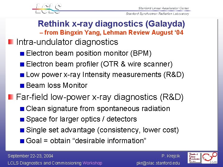 Rethink x-ray diagnostics (Galayda) – from Bingxin Yang, Lehman Review August ‘ 04 Intra-undulator