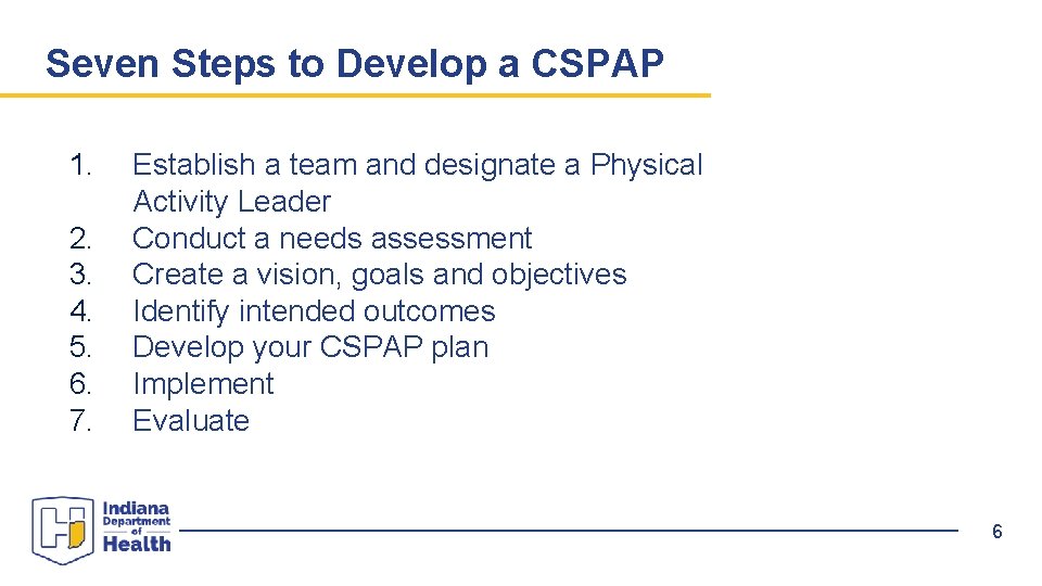 Seven Steps to Develop a CSPAP 1. 2. 3. 4. 5. 6. 7. Establish