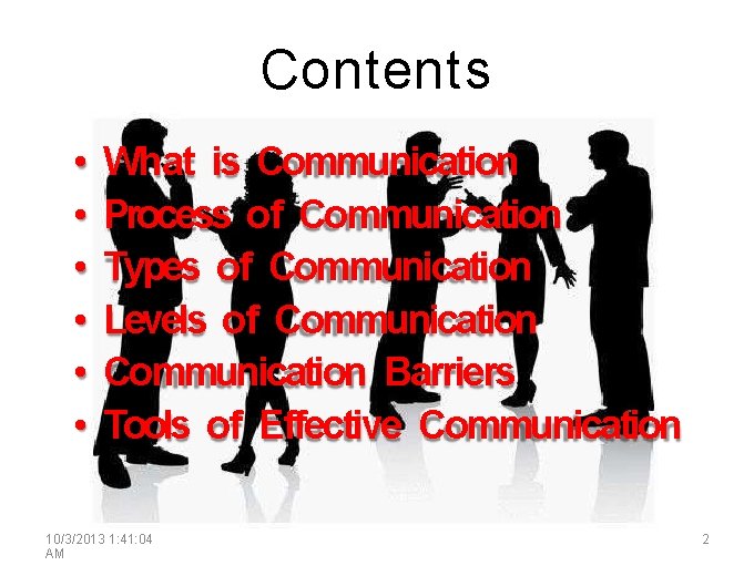 Contents • • • What is Communication Process of Communication Types of Communication Levels Contents • • • What is Communication Process of Communication Types of Communication Levels