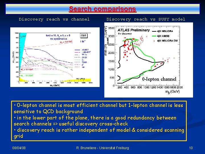 Search comparisons Discovery reach vs channel Discovery reach vs SUSY model 0 -lepton channel