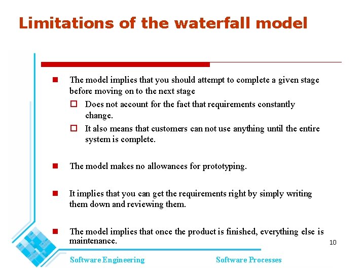 Limitations of the waterfall model The model implies that you should attempt to complete Limitations of the waterfall model The model implies that you should attempt to complete