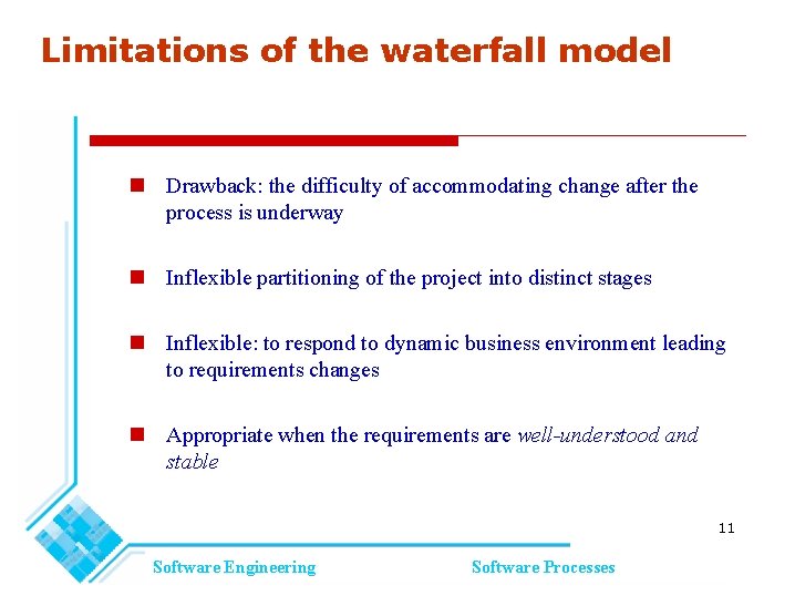 Limitations of the waterfall model Drawback: the difficulty of accommodating change after the process Limitations of the waterfall model Drawback: the difficulty of accommodating change after the process
