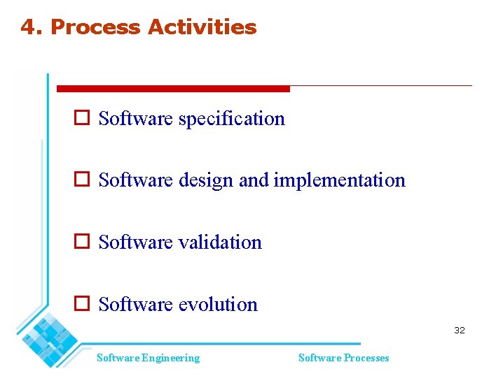 4. Process Activities Software specification Software design and implementation Software validation Software evolution 32 4. Process Activities Software specification Software design and implementation Software validation Software evolution 32