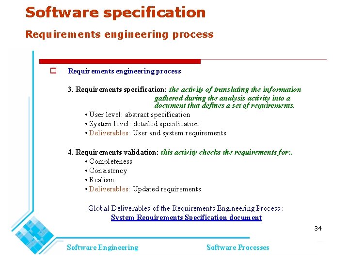 Software specification Requirements engineering process 3. Requirements specification: the activity of translating the information Software specification Requirements engineering process 3. Requirements specification: the activity of translating the information