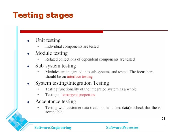 Testing stages 53 Software Engineering Software Processes Testing stages 53 Software Engineering Software Processes