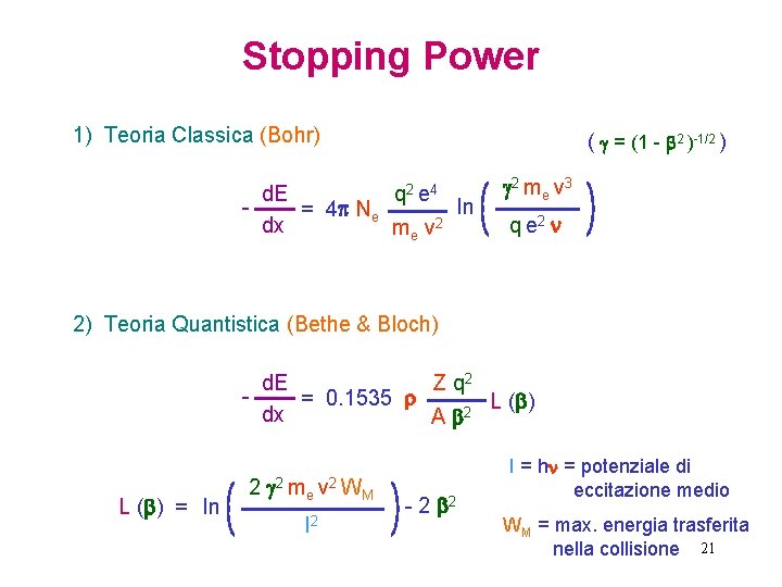 Stopping Power 1) Teoria Classica (Bohr) ( = (1 - 2 )-1/2 ) q