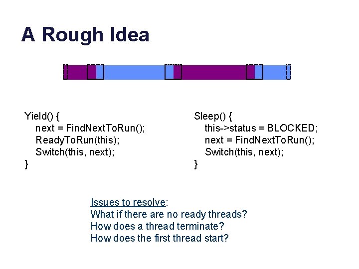 A Rough Idea Yield() { next = Find. Next. To. Run(); Ready. To. Run(this);