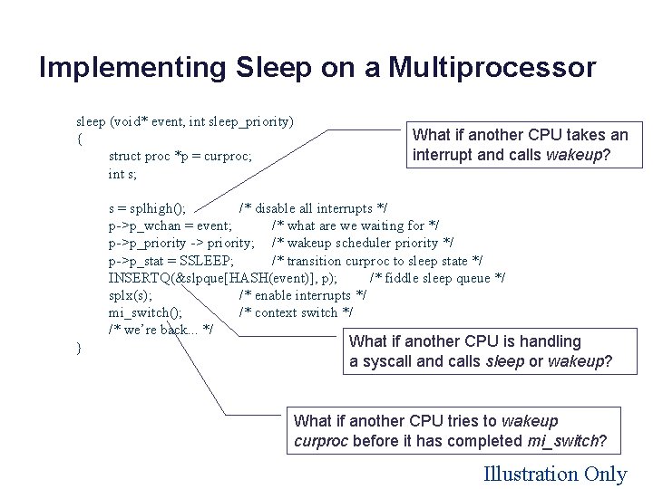 Implementing Sleep on a Multiprocessor sleep (void* event, int sleep_priority) { struct proc *p