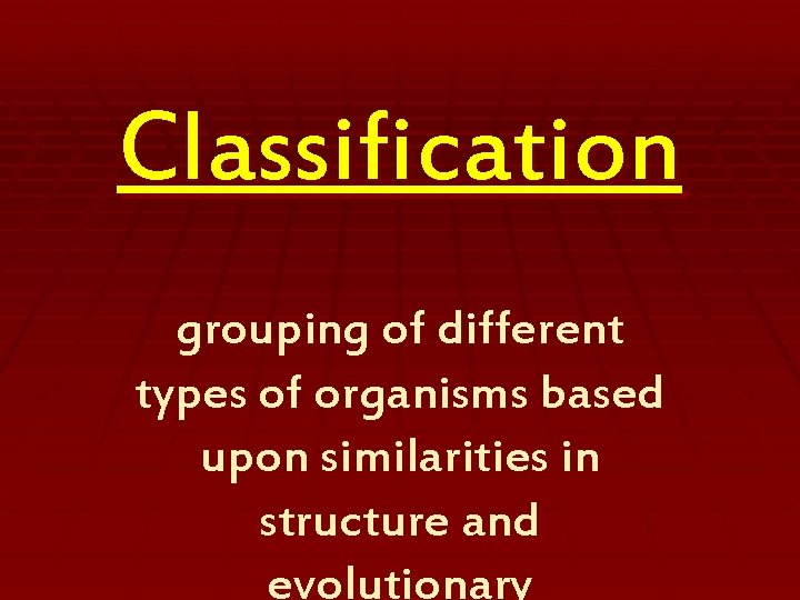 Classification grouping of different types of organisms based upon similarities in structure and evolutionary