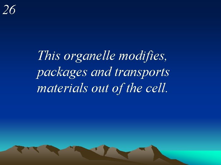 26 This organelle modifies, packages and transports materials out of the cell. 