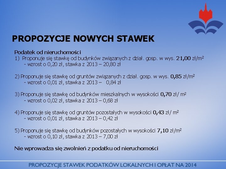 PROPOZYCJE NOWYCH STAWEK Podatek od nieruchomości 1) Proponuje się stawkę od budynków związanych z