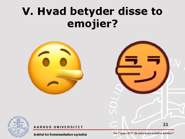 V. Hvad betyder disse to emojier? AARHUS UNIVERSITET Institut for Kommunikation og kultur 33